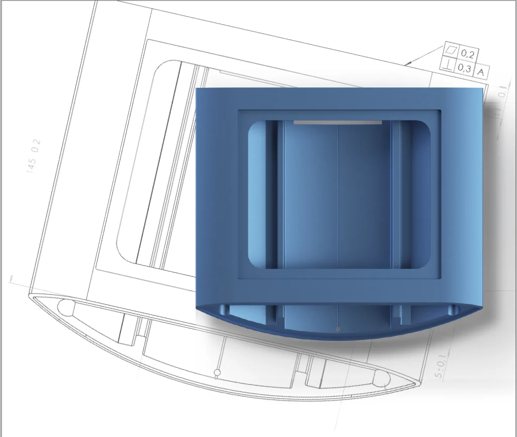 Blau eloxiertes Aluminiumprofil auf einer technischen Zeichnung